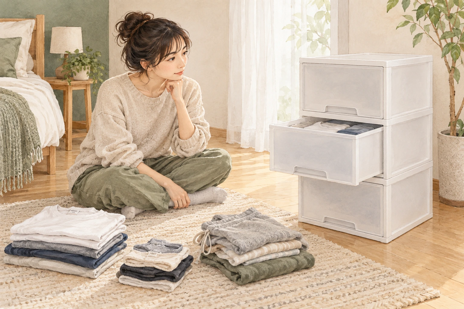 衣類の量に合わせて白い収納ケースを選ぶ部屋の説明用イメージ