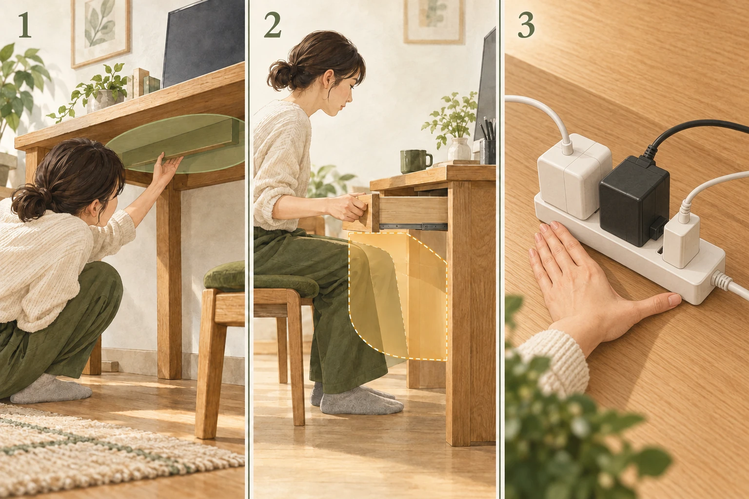 机の下面、引き出しと膝の動き、タップとアダプターを順に確認する図