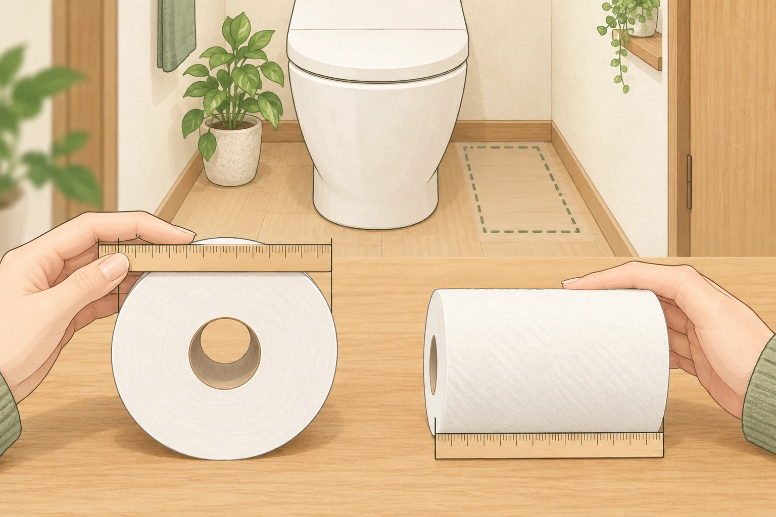 未使用ロールの直径と幅を別々に測り、トイレ床の設置候補場所を確認するイメージ
