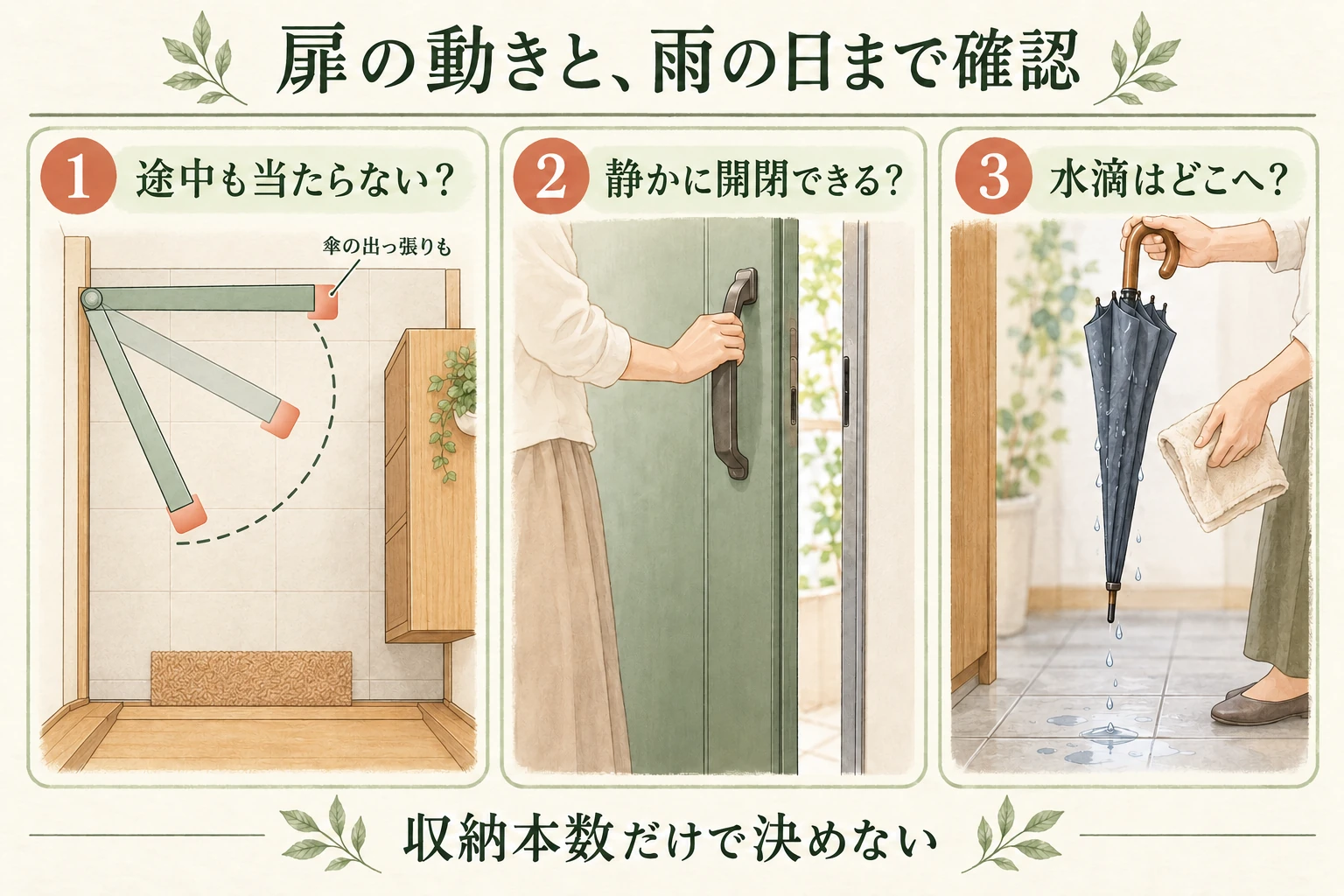 ドアが動く途中の傘の出っ張り、静かな開閉、雨の日の水滴の行き先を分けて確認する3場面