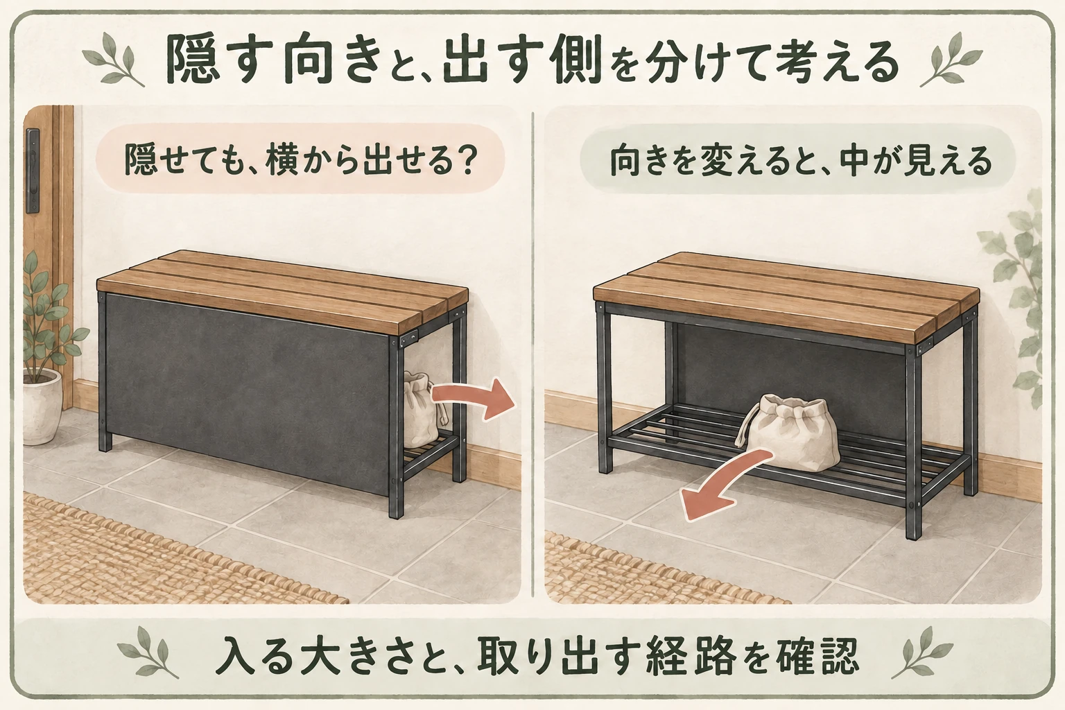 固定パネルを手前へ向けて側面から出す配置と、反対の広い開口を手前へ向ける配置の比較
