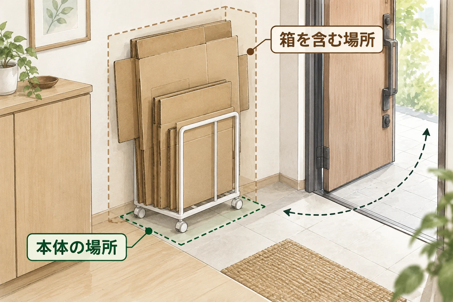 本体だけの設置場所と段ボールを含む占有範囲