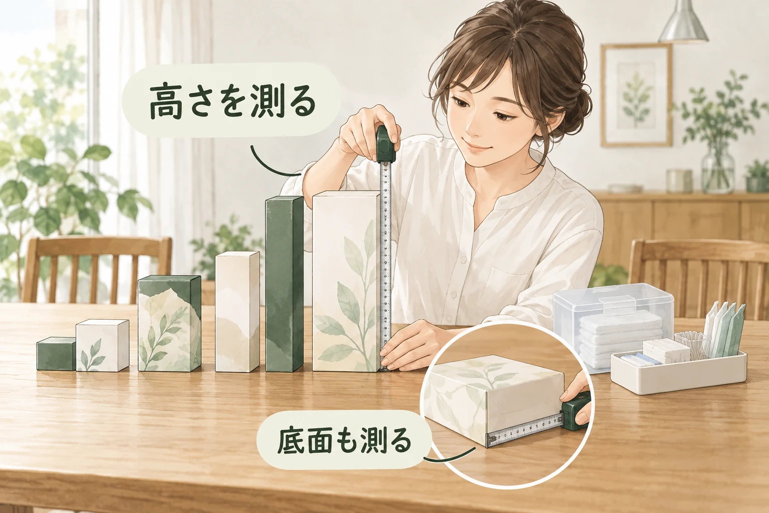 元の外箱の高さと底面を測る生活場面