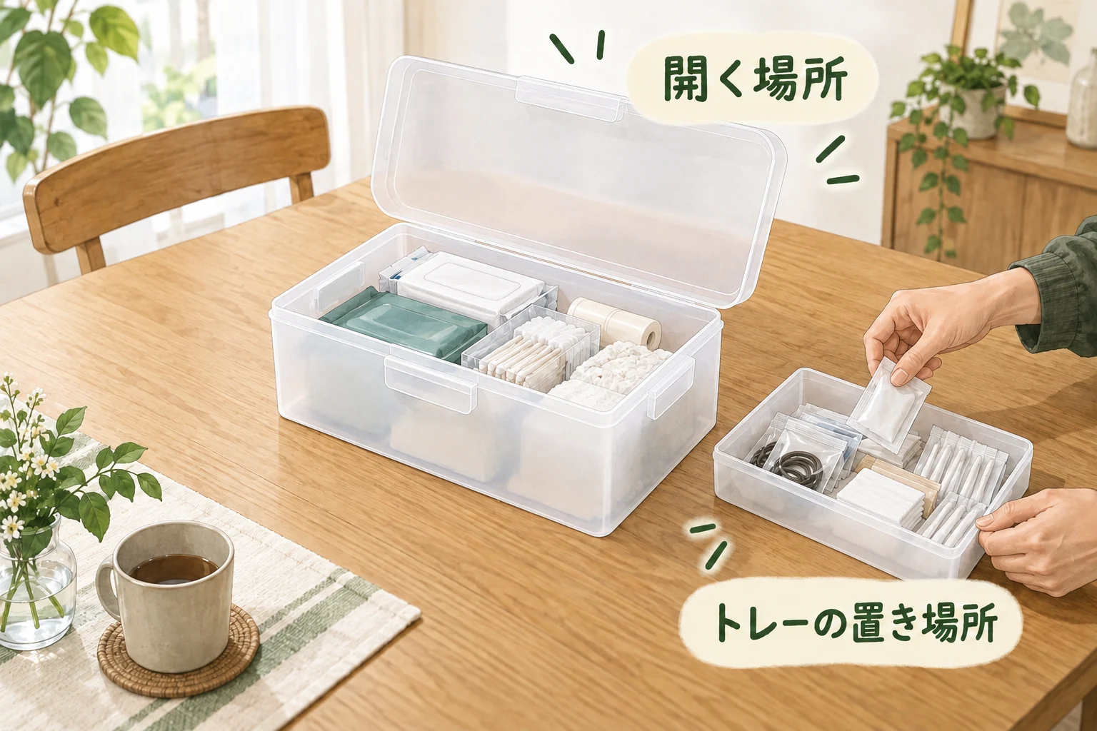 本体と開いたふた、外したトレーが机の場所を使う場面