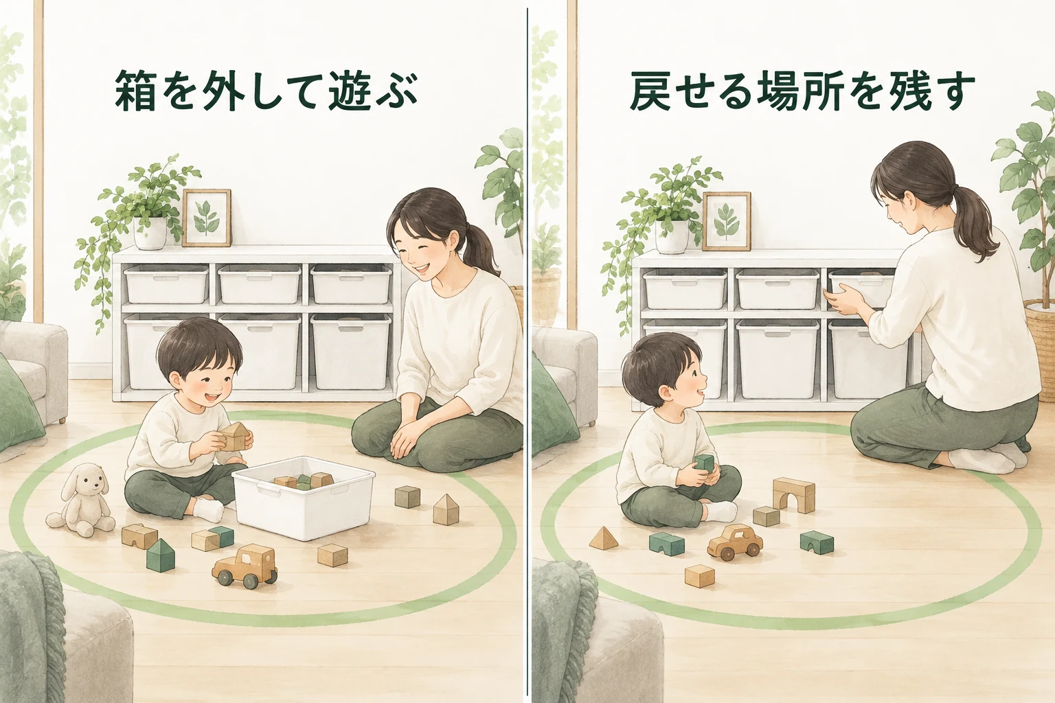 箱を外して床で使い、収納へ戻す場所を残す場面